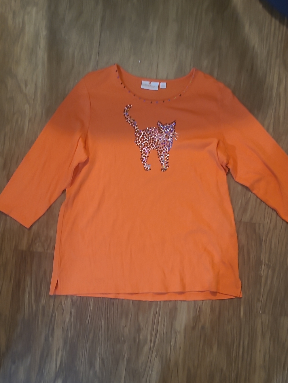 Quacker Factory Orange Long Sleeve Top with Sequin Cat